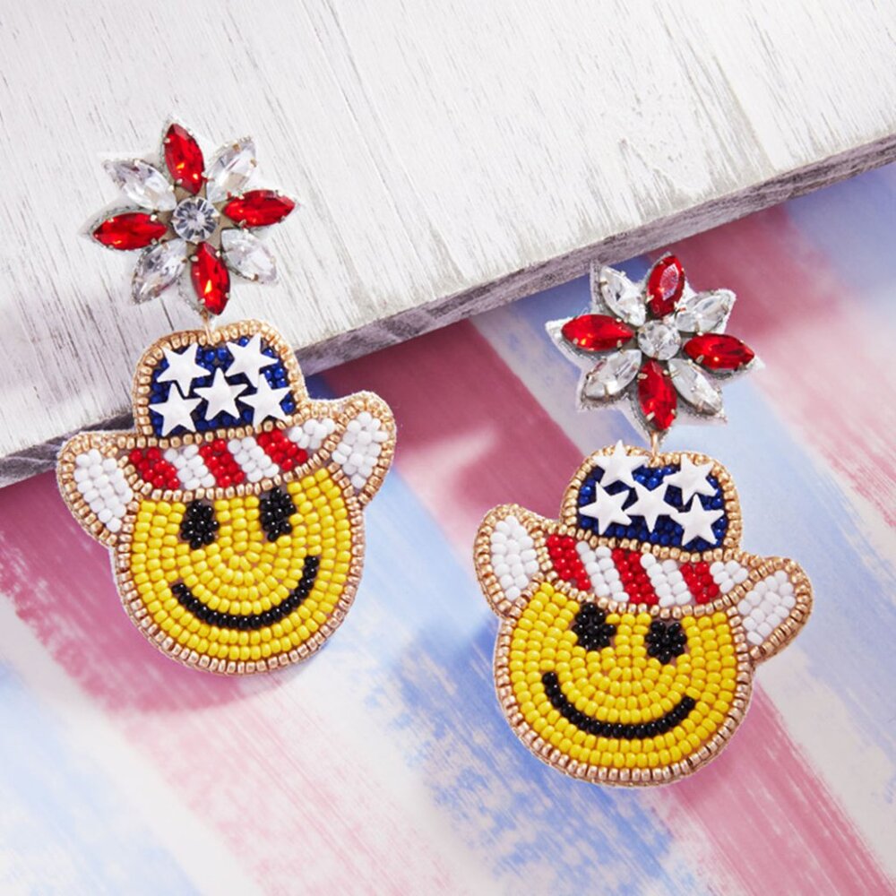 Smiley Face Beaded USA Patriotic Western Hat Earrings NEW
